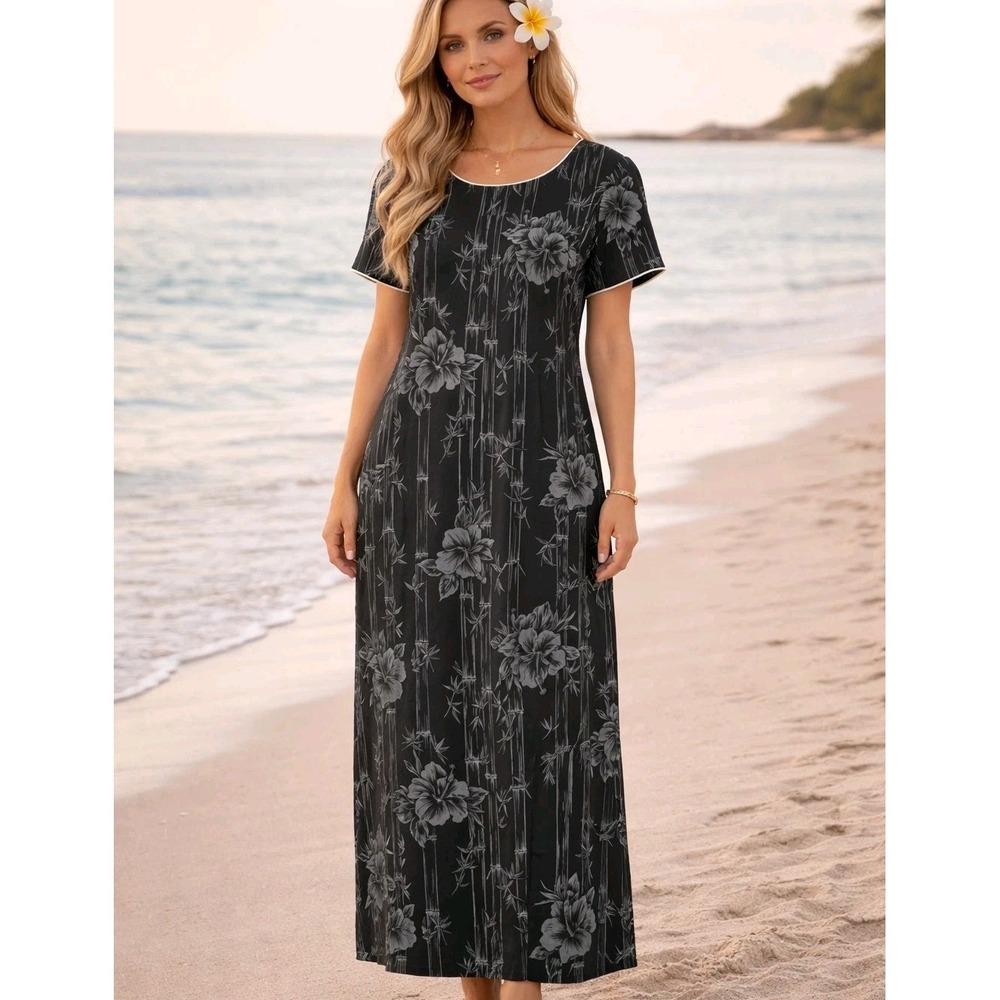 Royal Creations Maxi Dress M Black Bamboo Hibiscus Hawaiian Vintage Resort Beach